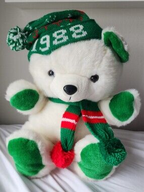 Vintage 1988 KMART 20” Christmas Stuffed White Teddy Bear Plushie Scarf + Hat